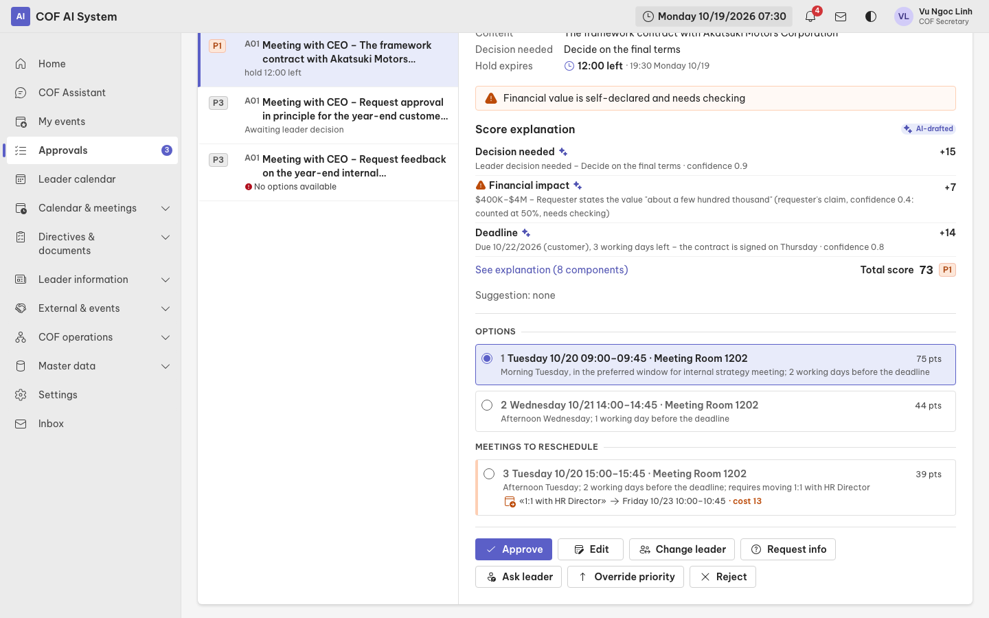 Approvals screen showing a meeting request with scheduling options, including one that requires rescheduling a meeting