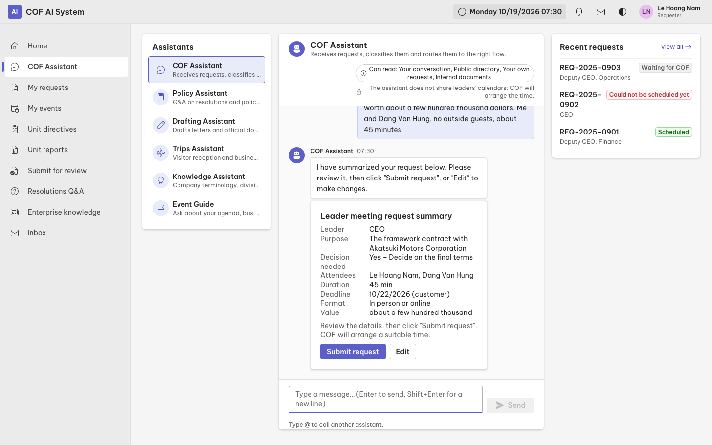 Chat screen with COF Assistant and the list of assistants