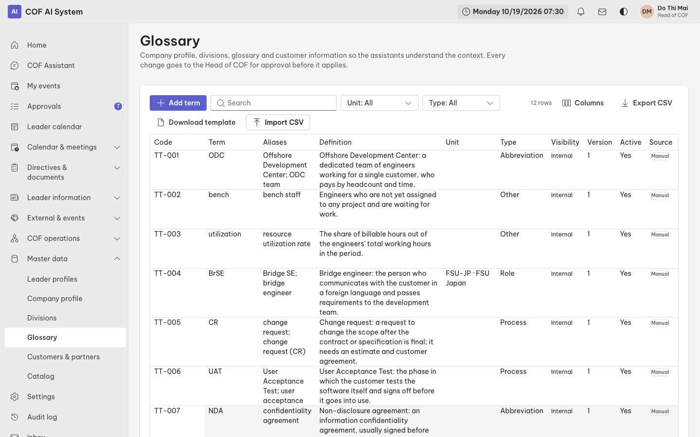 Terminology table with search and file export and import buttons