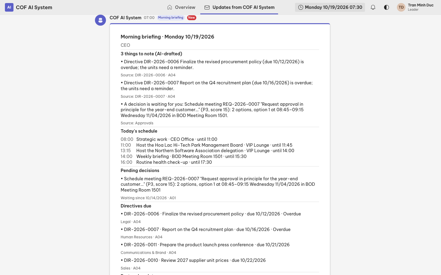 Leader feed with a read-only Morning briefing card
